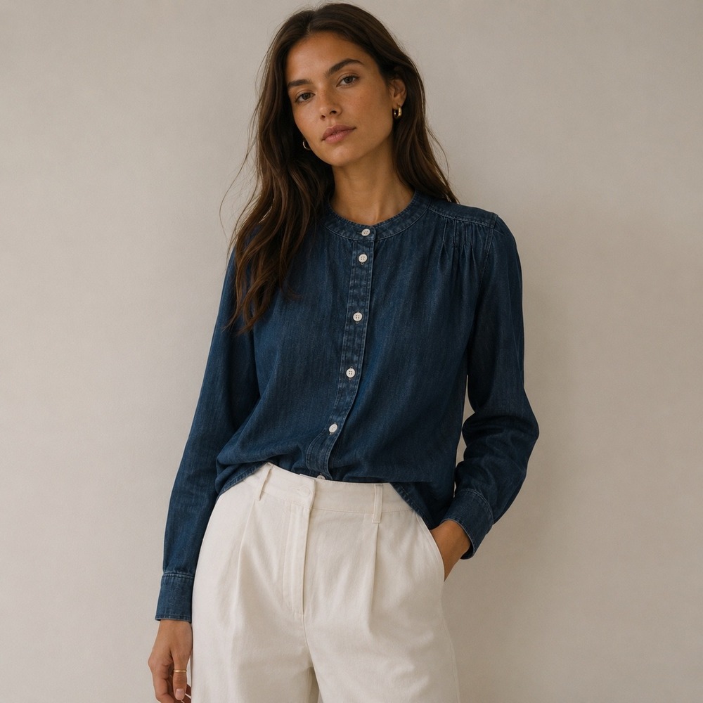 FRAME Charlie Top Denim Blouse‎ Womens Size XL Blue Band Collar Minimalist